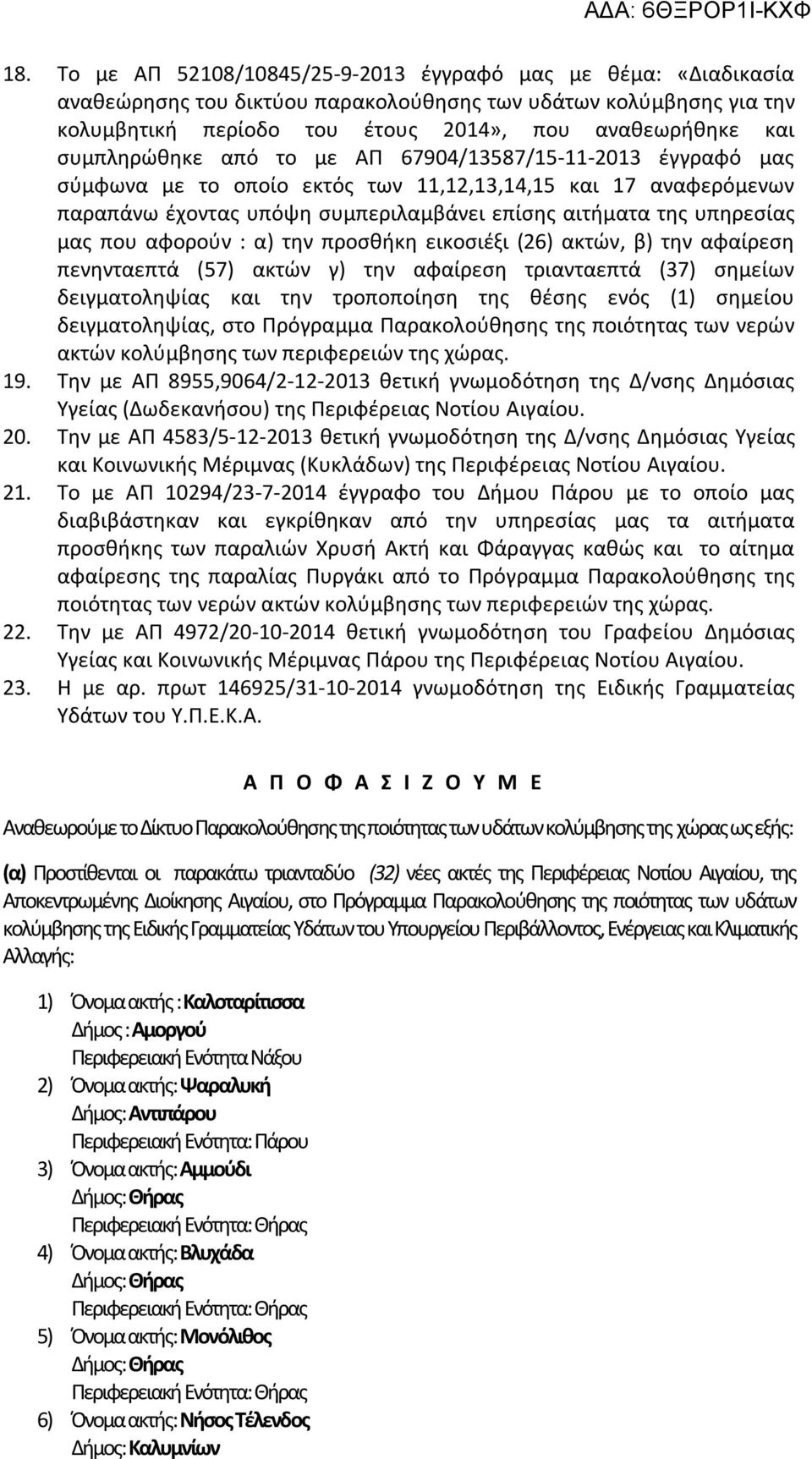 που αφορούν : α) την προσθήκη εικοσιέξι (26) ακτών, β) την αφαίρεση πενηνταεπτά (57) ακτών γ) την αφαίρεση τριανταεπτά (37) σημείων δειγματοληψίας και την τροποποίηση της θέσης ενός (1) σημείου