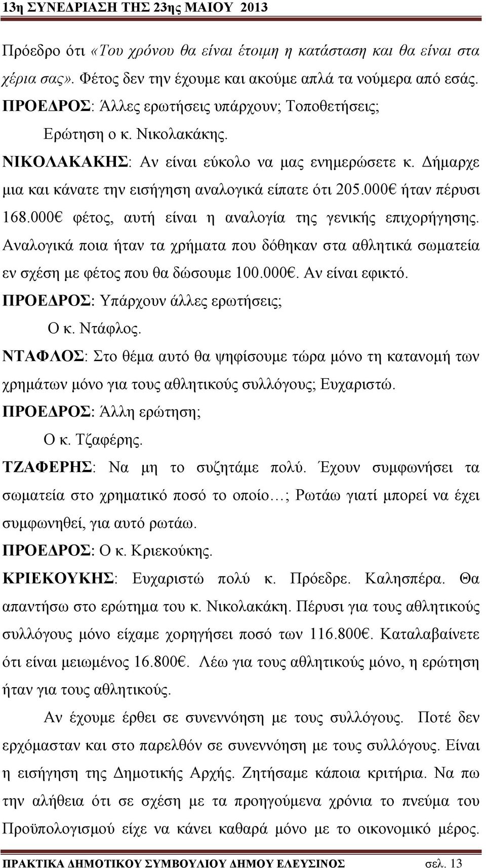 000 ήταν πέρυσι 168.000 φέτος, αυτή είναι η αναλογία της γενικής επιχορήγησης. Αναλογικά ποια ήταν τα χρήματα που δόθηκαν στα αθλητικά σωματεία εν σχέση με φέτος που θα δώσουμε 100.000. Αν είναι εφικτό.