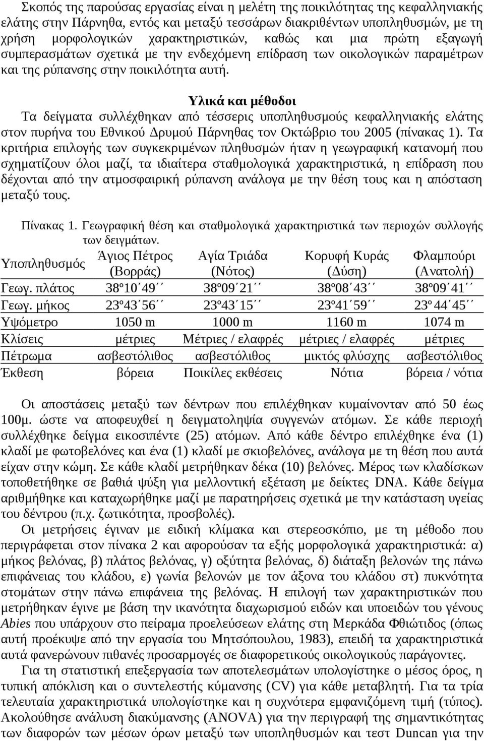 Υλικά και μέθοδοι Τα δείγματα συλλέχθηκαν από τέσσερις υποπληθυσμούς κεφαλληνιακής ελάτης στον πυρήνα του Εθνικού Δρυμού Πάρνηθας τον Οκτώβριο του 2005 (πίνακας 1).