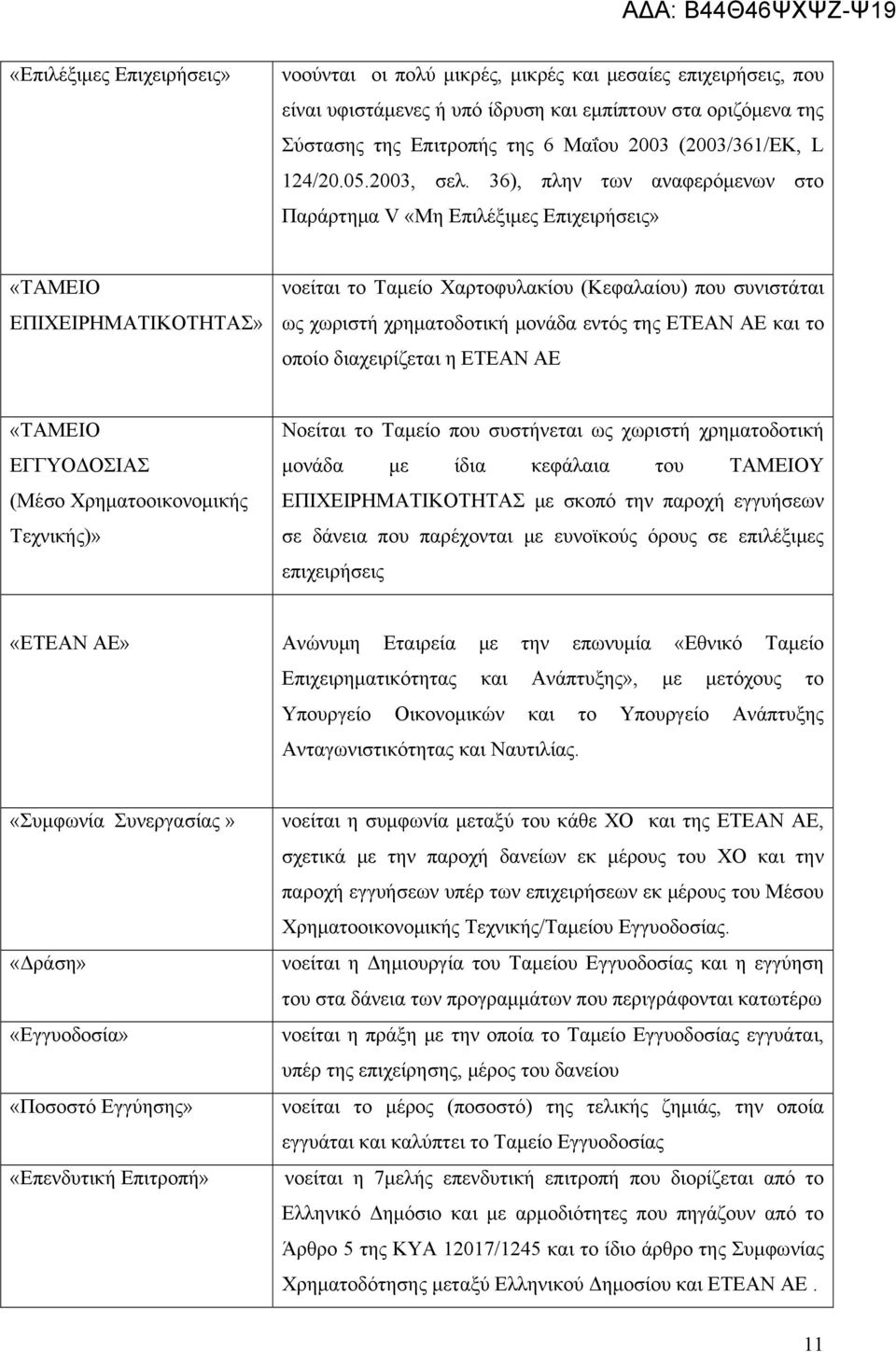 36), πλην των αναφερόμενων στο Παράρτημα V «Μη Επιλέξιμες Επιχειρήσεις» «ΤΑΜΕΙΟ ΕΠΙΧΕΙΡΗΜΑΤΙΚΟΤΗΤΑΣ» νοείται το Ταμείο Χαρτοφυλακίου (Κεφαλαίου) που συνιστάται ως χωριστή χρηματοδοτική μονάδα εντός