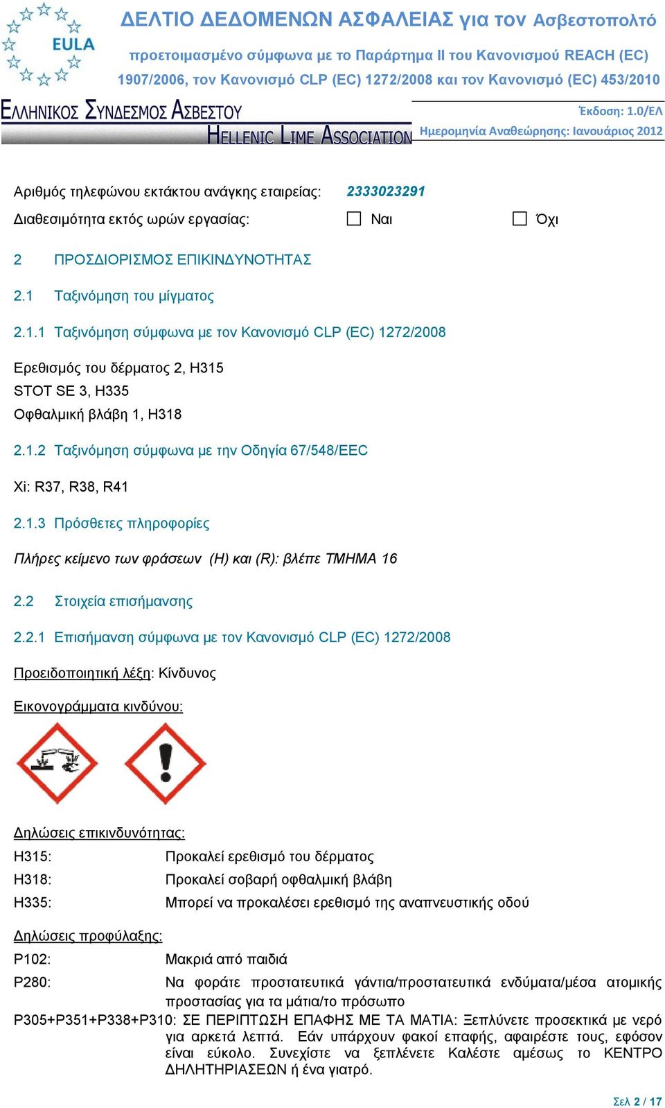 με τον Κανονισμό CLP (EC) 1272/2008 Προειδοποιητική λέξη: Κίνδυνος Εικονογράμματα κινδύνου: Δηλώσεις επικινδυνότητας: H315: Προκαλεί ερεθισμό του δέρματος H318: Προκαλεί σοβαρή οφθαλμική βλάβη H335: