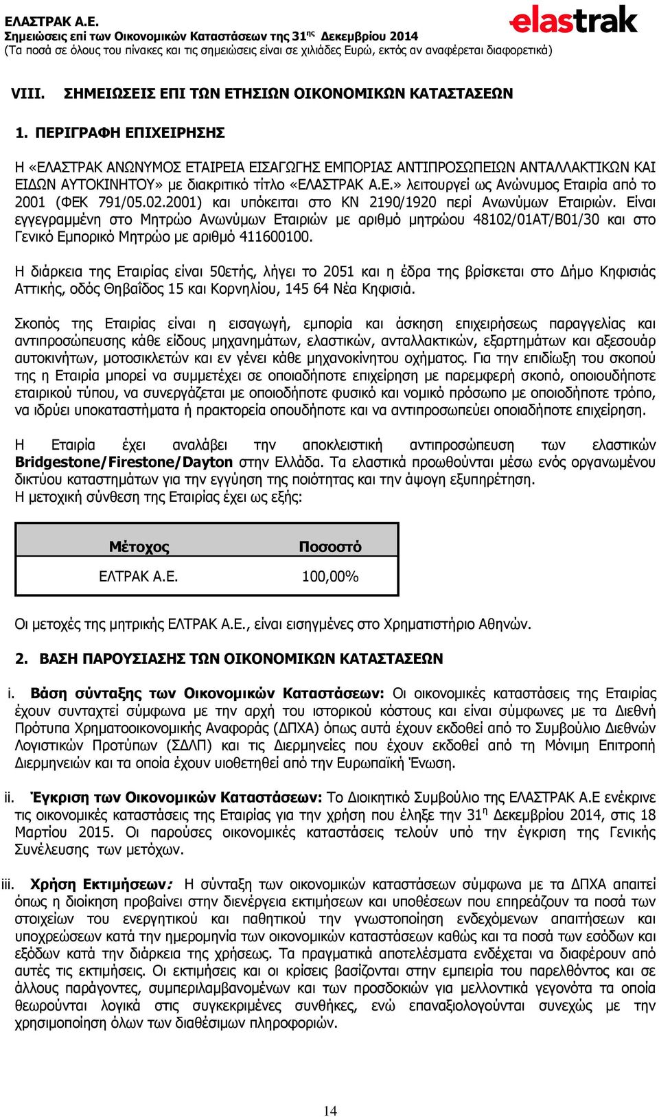 02.2001) και υπόκειται στο ΚΝ 2190/1920 περί Ανωνύμων Εταιριών. Είναι εγγεγραμμένη στο Μητρώο Ανωνύμων Εταιριών με αριθμό μητρώoυ 48102/01ΑΤ/Β01/30 και στο Γενικό Εμπορικό Μητρώο με αριθμό 411600100.