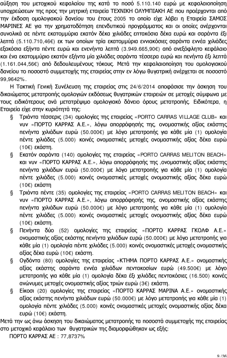 ΜΑΡΙΝΕΣ ΑΕ για την χρηματοδότηση επενδυτικού προγράμματος και οι οποίες ανέρχονται συνολικά σε πέντε εκατομμύρια εκατόν δέκα χιλιάδες επτακόσια δέκα ευρώ και σαράντα έξι λεπτά (5.110.