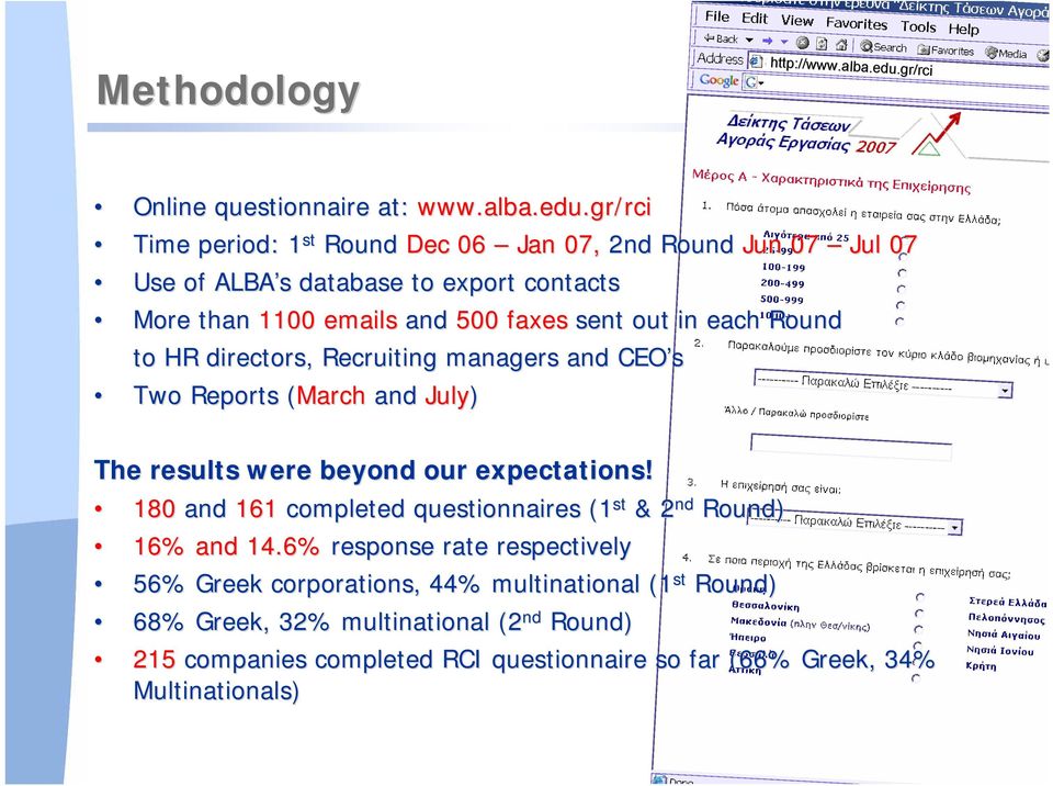 gr/rci Time period: 1 st Round Dec 06 Jan 07, 2nd Round Jun 07 Jul 07 Use of ALBA s database to export contacts More than 1100 emails and 500 faxes sent out in