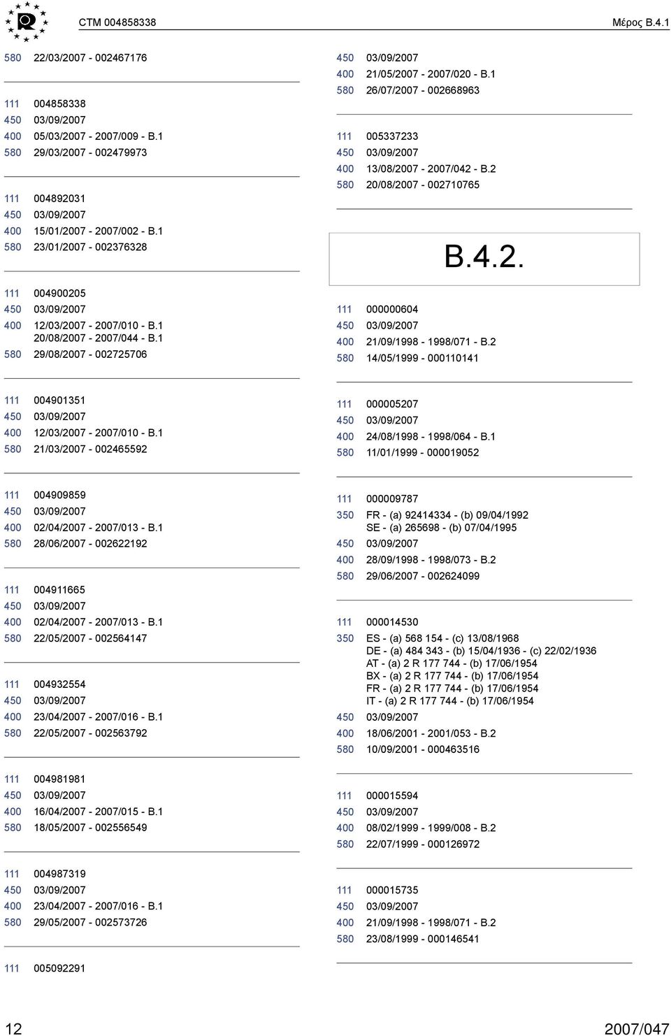2 14/05/1999 000110141 004901351 12/03/2007 2007/010 B.1 21/03/2007 002465592 000005207 24/08/1998 1998/064 B.1 11/01/1999 000019052 004909859 02/04/2007 2007/013 B.