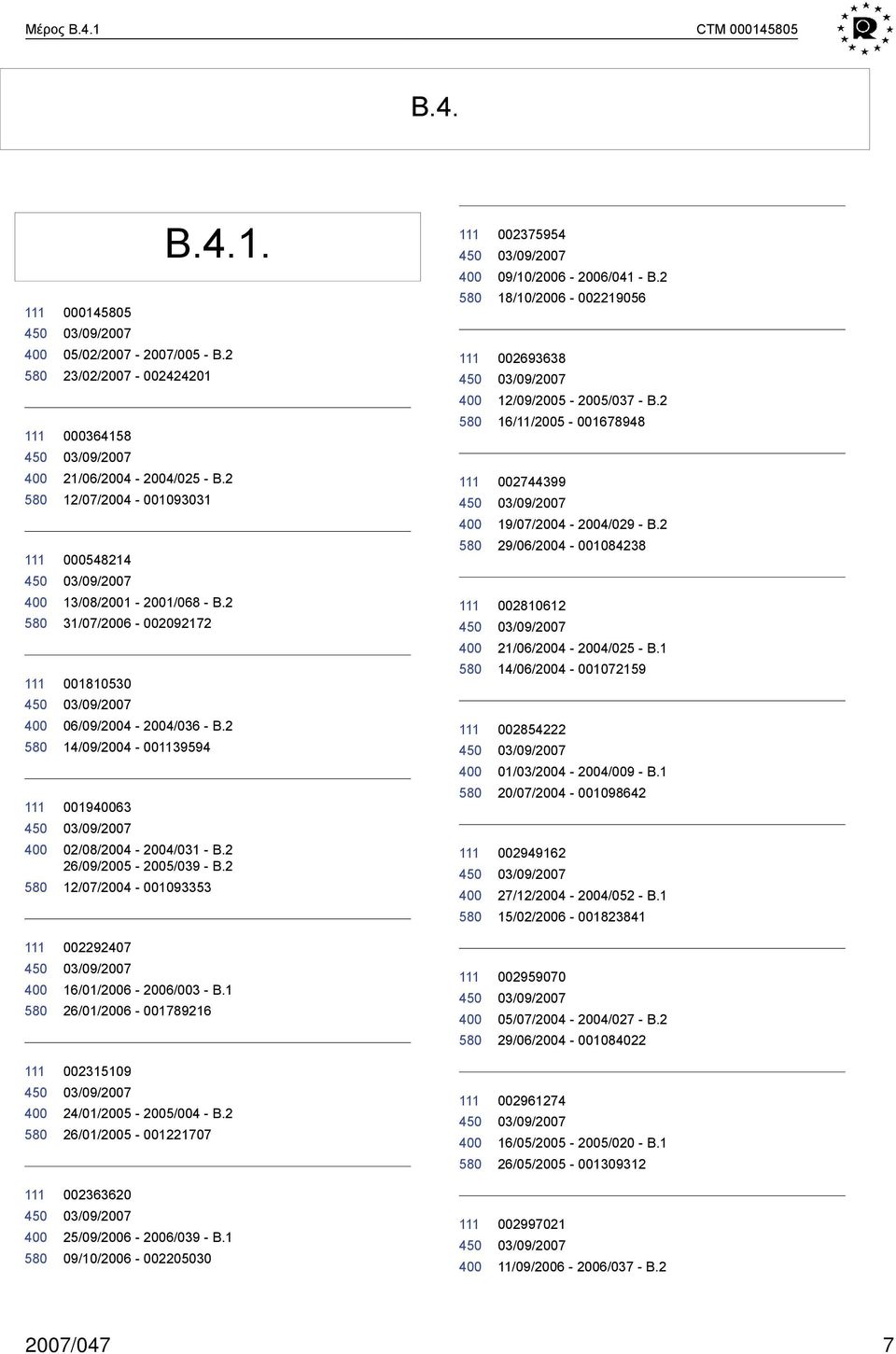 2 18/10/2006 002219056 002693638 12/09/2005 2005/037 B.2 16/11/2005 001678948 002744399 19/07/2004 2004/029 B.2 29/06/2004 001084238 002810612 21/06/2004 2004/025 B.