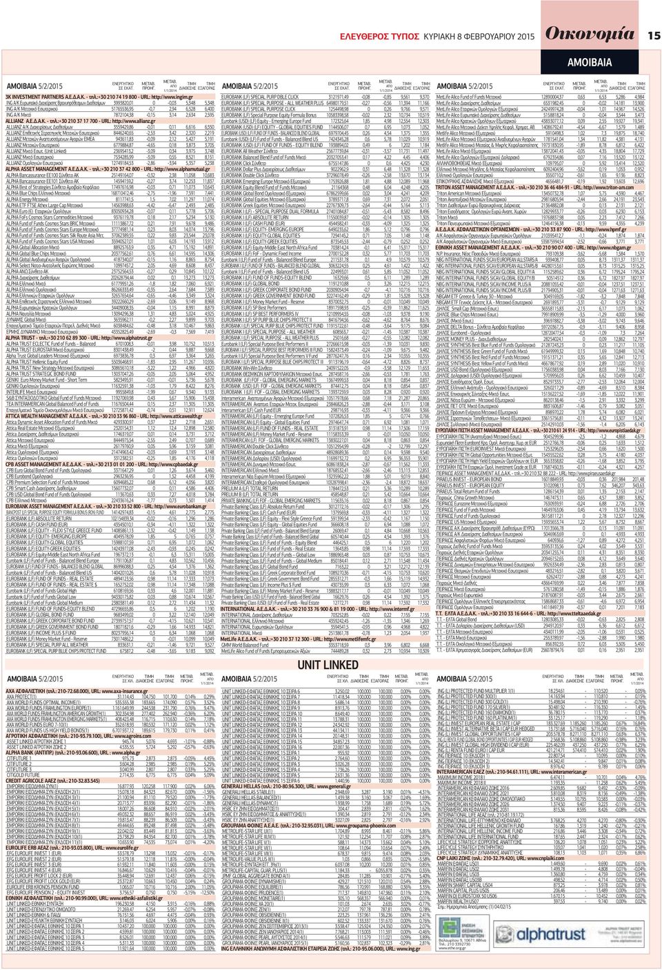 gr ING Α/Κ Ευρωπαϊκό Διαχείρισης Βραχυπρόθεσμων Διαθεσίμων 3993820,01 0-0,03 5,348 5,348 ING Α/Κ Μετοχικό Εσωτερικού 51765536,95-0,7 2,94 6,528 6,400 ING Α/Κ Μικτό 7872104,38-0,15 3,14 2,634 2,595