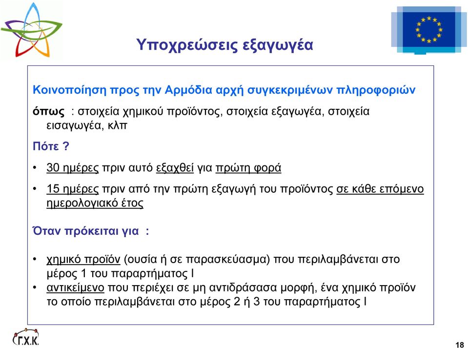 30 ηµέρες πριν αυτό εξαχθεί για πρώτη φορά 15 ηµέρες πριν από την πρώτη εξαγωγή του προϊόντος σε κάθε επόµενο ηµερολογιακό έτος Όταν