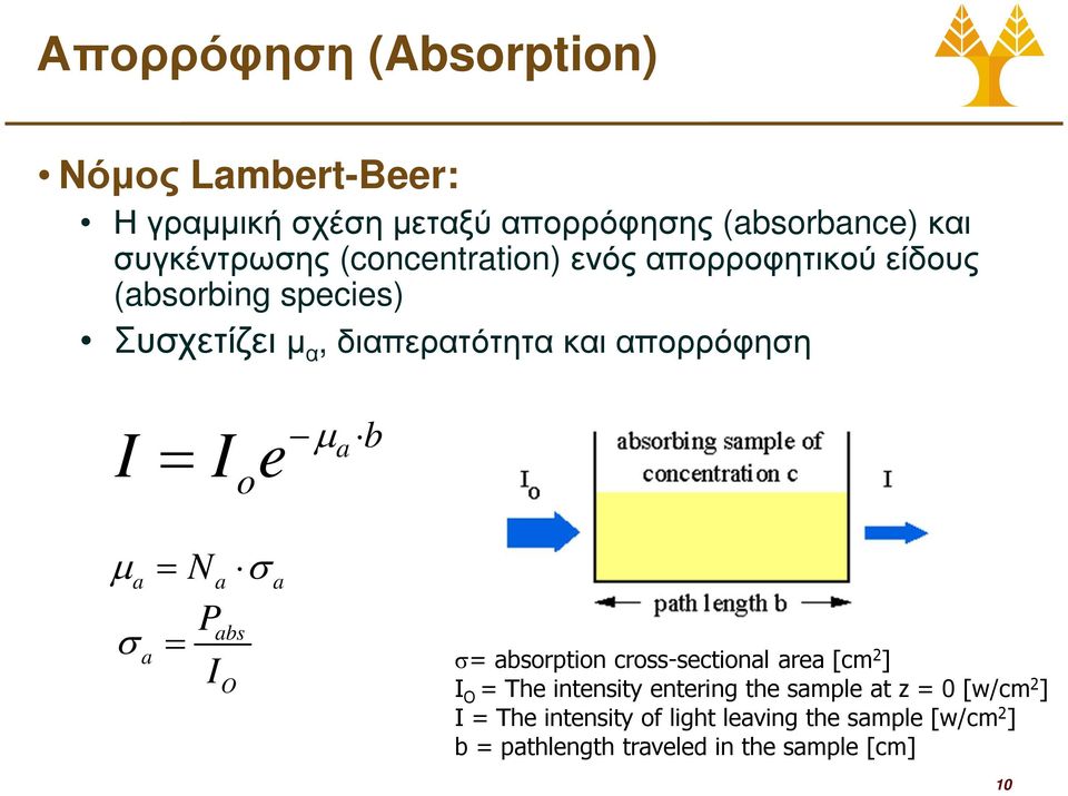 µ o a b µ a = Na σ a Pabs σ a = I O σ= absorption cross-sectional area [cm 2 ] I O = The intensity entering the