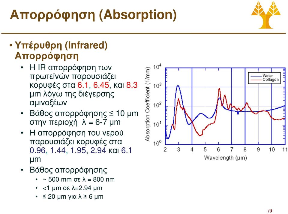 3 µm λόγω της διέγερσης αµινοξέων Βάθος απορρόφησης 10 µm στην περιοχή λ = 6-7 µm Η