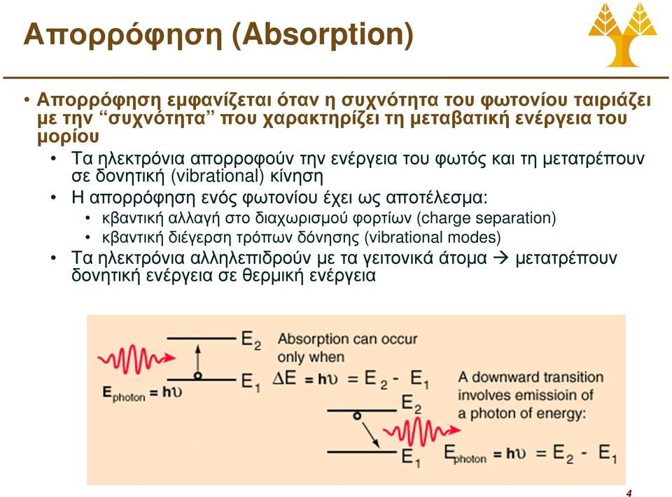 κίνηση Η απορρόφηση ενός φωτονίου έχει ως αποτέλεσµα: κβαντική αλλαγή στο διαχωρισµού φορτίων (charge separation) κβαντική