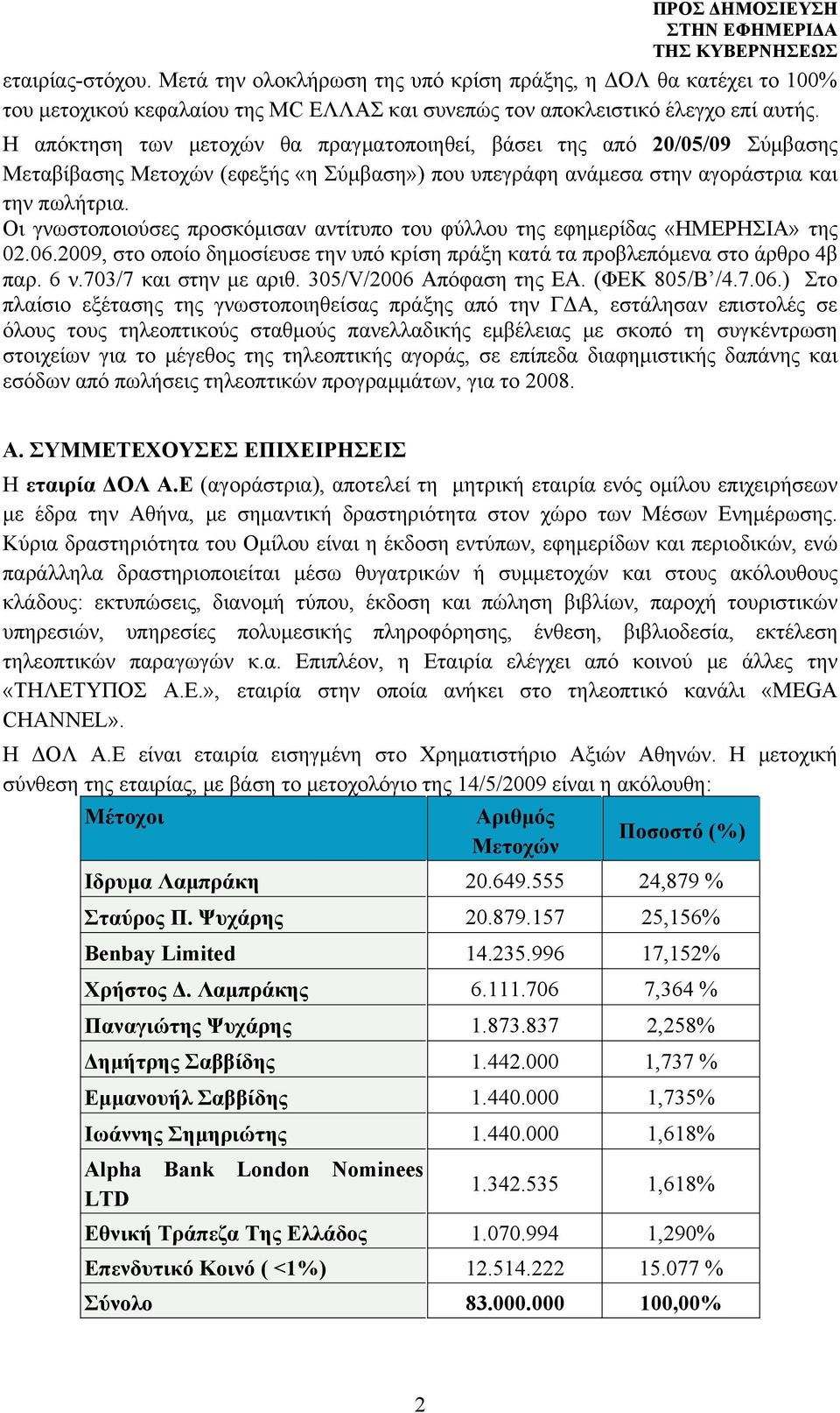 Οι γνωστοποιούσες προσκόμισαν αντίτυπο του φύλλου της εφημερίδας «ΗΜΕΡΗΣΙΑ» της 02.06.2009, στο οποίο δημοσίευσε την υπό κρίση πράξη κατά τα προβλεπόμενα στο άρθρο 4β παρ. 6 ν.703/7 και στην με αριθ.