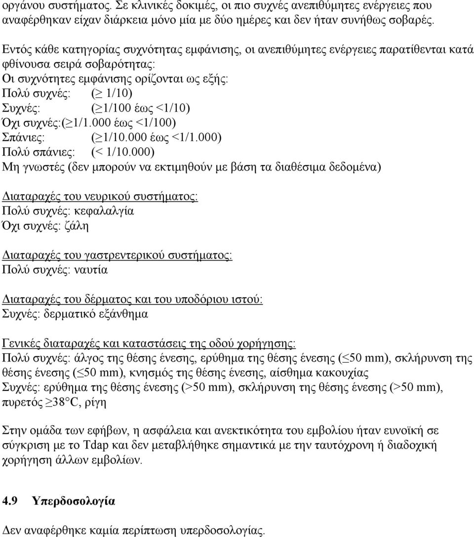 <1/10) Όχι συχνές: ( 1/1.000 έως <1/100) Σπάνιες: ( 1/10.000 έως <1/1.000) Πολύ σπάνιες: (< 1/10.