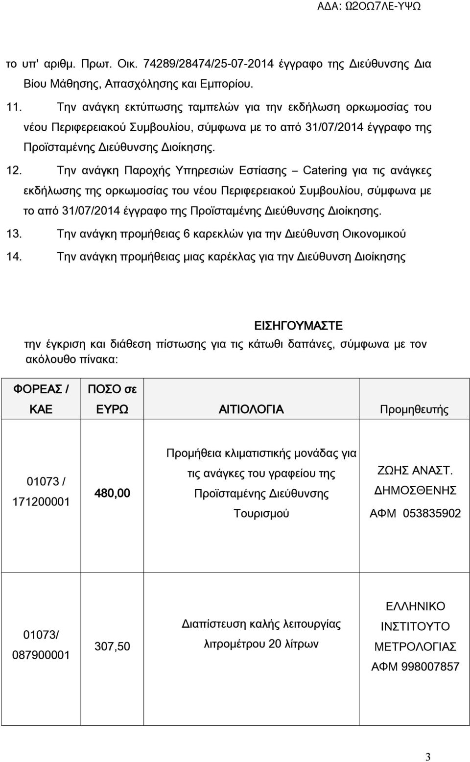 Την ανάγκη Παροχής Υπηρεσιών Εστίασης Catering για τις ανάγκες εκδήλωσης της ορκωμοσίας του νέου Περιφερειακού Συμβουλίου, σύμφωνα με το από 31/07/2014 έγγραφο της Προϊσταμένης Διεύθυνσης Διοίκησης.