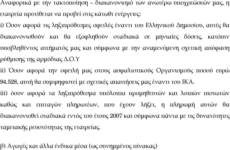 Υ ii) Όσον αφορά την οφειλή μας στους ασφαλιστικούς Οργανισμούς ποσού ευρώ 94.528, αυτή θα συμψηφιστεί με σχετικές απαιτήσεις μας έναντι του ΙΚΑ.