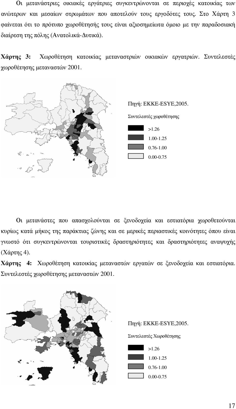 Συντελεστές χωροθέτησης µεταναστών 2001. Πηγή: EKKE-ESYE,2005. Συντελεστές χωροθέτησης >1.26 1.00-1.25 0.76-1.00 0.00-0.