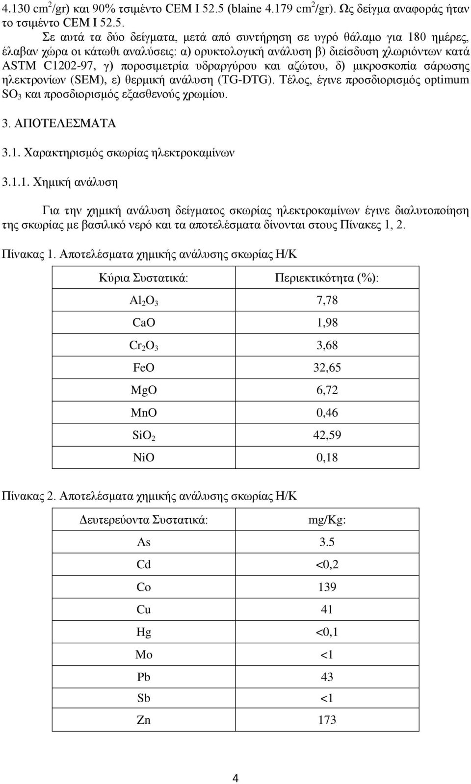 ανάλυση β) διείσδυση χλωριόντων κατά ASTM C1202-97, γ) ποροσιμετρία υδραργύρου και αζώτου, δ) μικροσκοπία σάρωσης ηλεκτρονίων (SEM), ε) θερμική ανάλυση (TG-DTG).