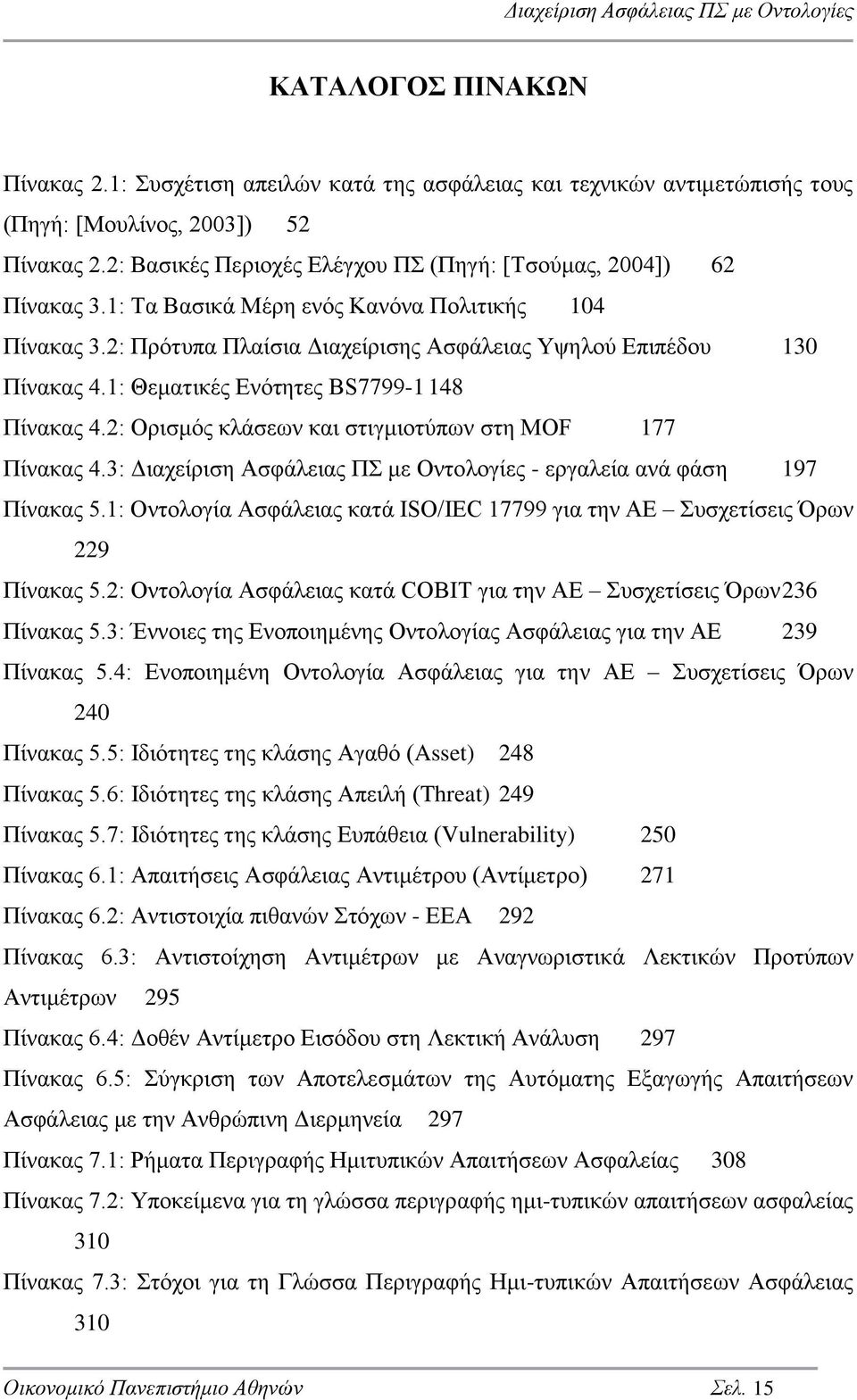 1: Θεματικές Ενότητες BS7799-1 148 Πίνακας 4.2: Ορισμός κλάσεων και στιγμιοτύπων στη MOF 177 Πίνακας 4.3: Διαχείριση Ασφάλειας ΠΣ με Οντολογίες - εργαλεία ανά φάση 197 Πίνακας 5.