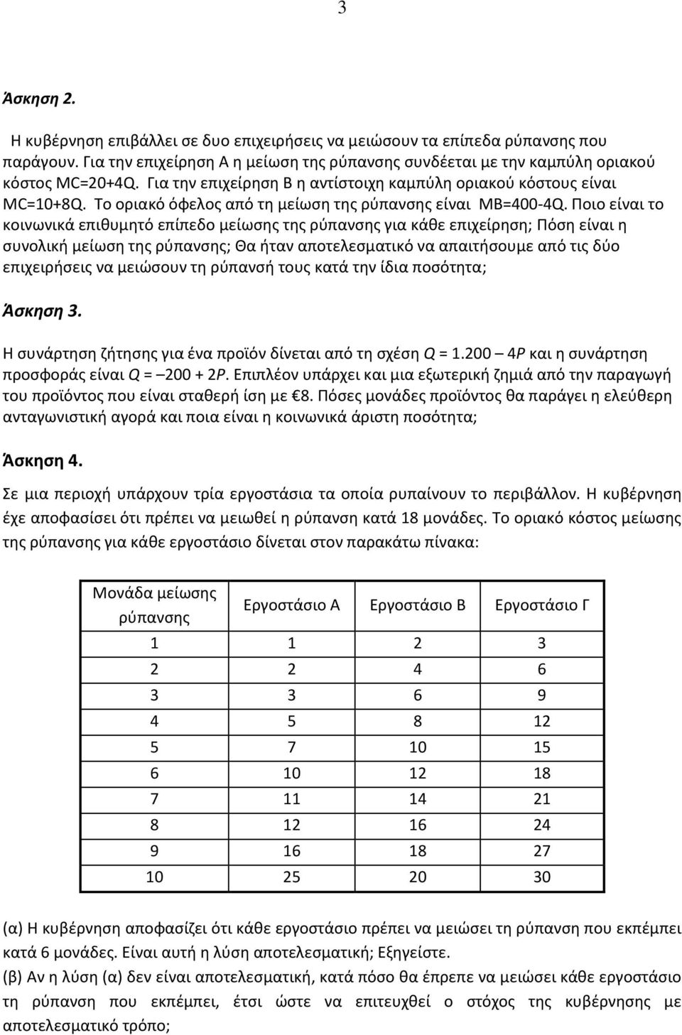 Ποιο είναι το κοινωνικά επιθυμητό επίπεδο μείωσης της ρύπανσης για κάθε επιχείρηση; Πόση είναι η συνολική μείωση της ρύπανσης; Θα ήταν αποτελεσματικό να απαιτήσουμε από τις δύο επιχειρήσεις να