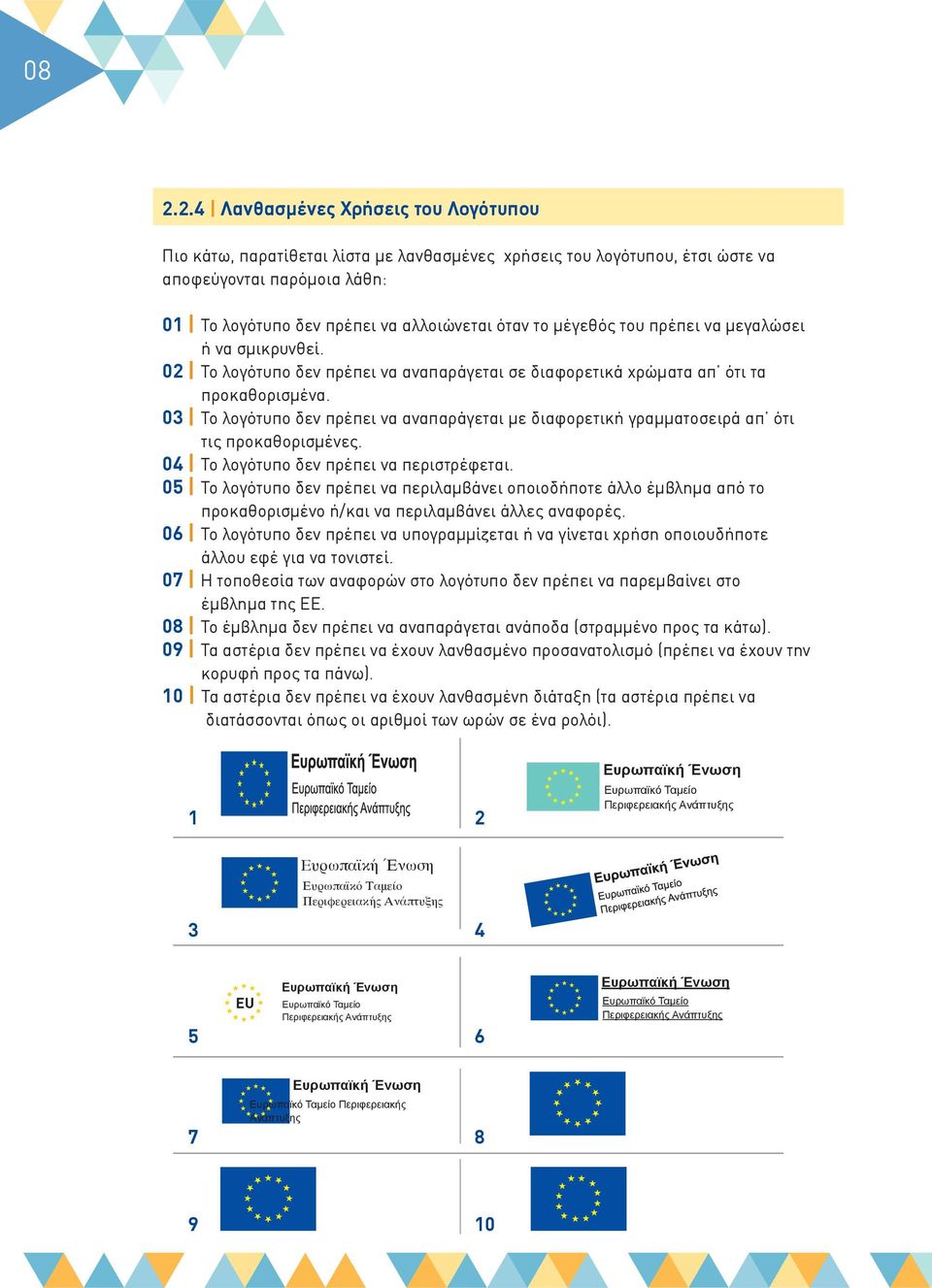 03 Το λογότυπο δεν πρέπει να αναπαράγεται με διαφορετική γραμματοσειρά απ ότι τις προκαθορισμένες. 04 Το λογότυπο δεν πρέπει να περιστρέφεται.