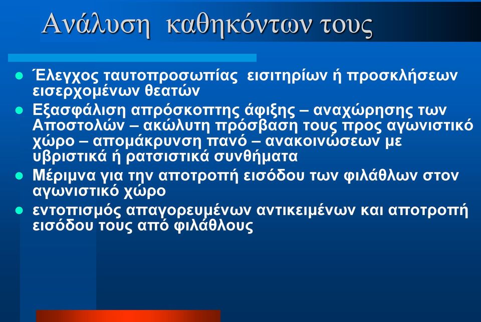 απομάκρυνση πανό ανακοινώσεων με υβριστικά ή ρατσιστικά συνθήματα Μέριμνα για την αποτροπή εισόδου