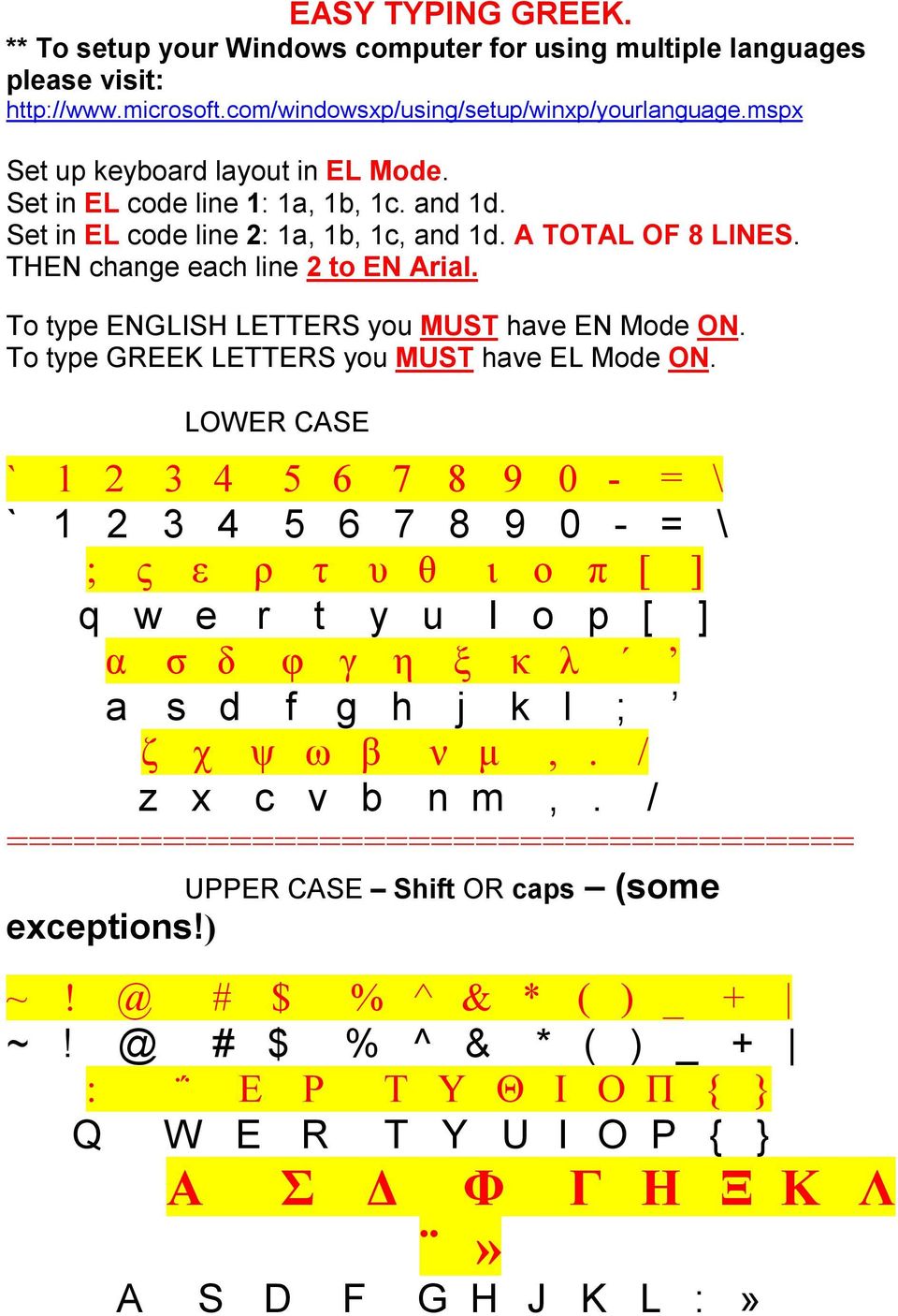 To type ENGLISH LETTERS you MUST have EN Mode ON. To type GREEK LETTERS you MUST have EL Mode ON.