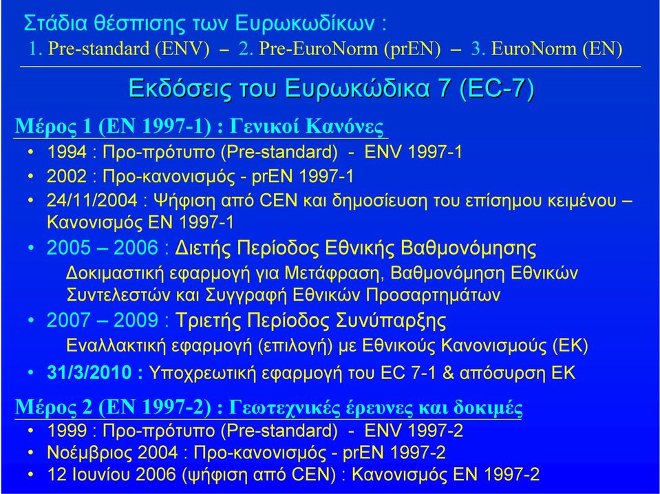 επίσημου κειμένου Κανονισμός ΕΝ 997-2005 2006 : Διετής Περίοδος Εθνικής Βαθμονόμησης Δοκιμαστική εφαρμοή ια Μετάφραση, Βαθμονόμηση Εθνικών Συντελεστών και Συραφή Εθνικών Προσαρτημάτων 2007 2009 :