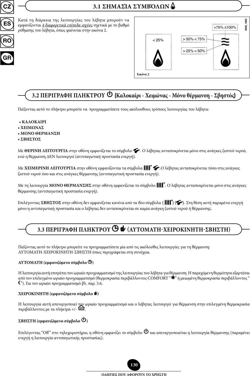 2 ΠΕΡΙΓΡΑΦΗ ΠΛΗΚΤΡΟΥ (Καλοκαίρι - Χειμώνας - Μόνο θέρμανση - Σβηστός) Πιέζοντας αυτό το πλήκτρο μπορείτε να προγραμματίσετε τους ακόλουθους τρόπους λειτουργίας του λέβητα: ΚΑΛΟΚΑΙΡΙ ΧΕΙΜΩΝΑΣ ΜΟΝΟ