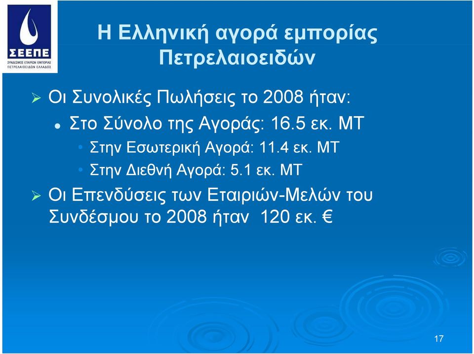 ΜΤ Στην Εσωτερική Αγορά: 11.4 εκ. ΜΤ Στην Διεθνή Αγορά: 5.