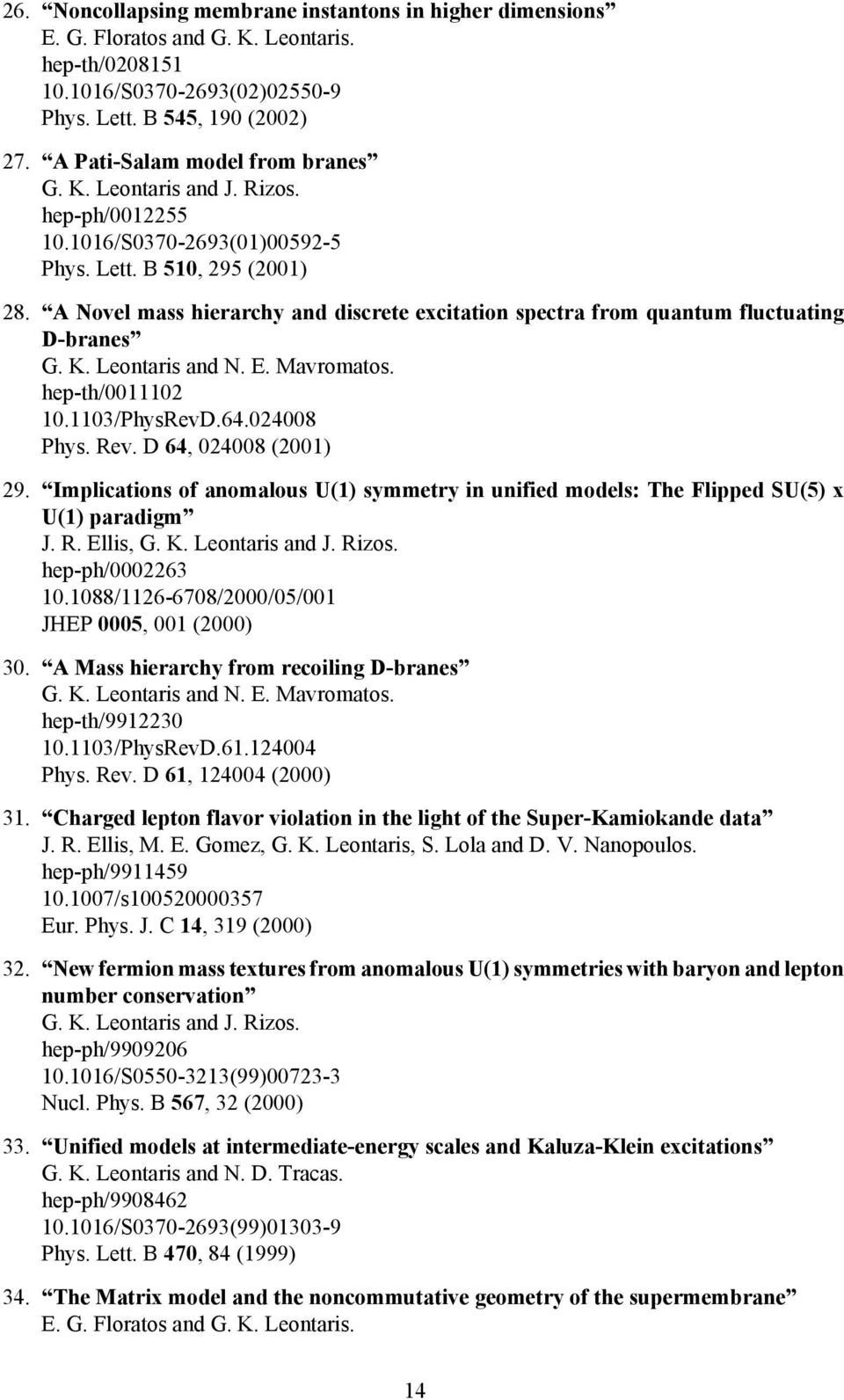 A Novel mass hierarchy and discrete excitation spectra from quantum fluctuating D-branes G. K. Leontaris and N. E. Mavromatos. hep-th/0011102 10.1103/PhysRevD.64.024008 Phys. Rev.