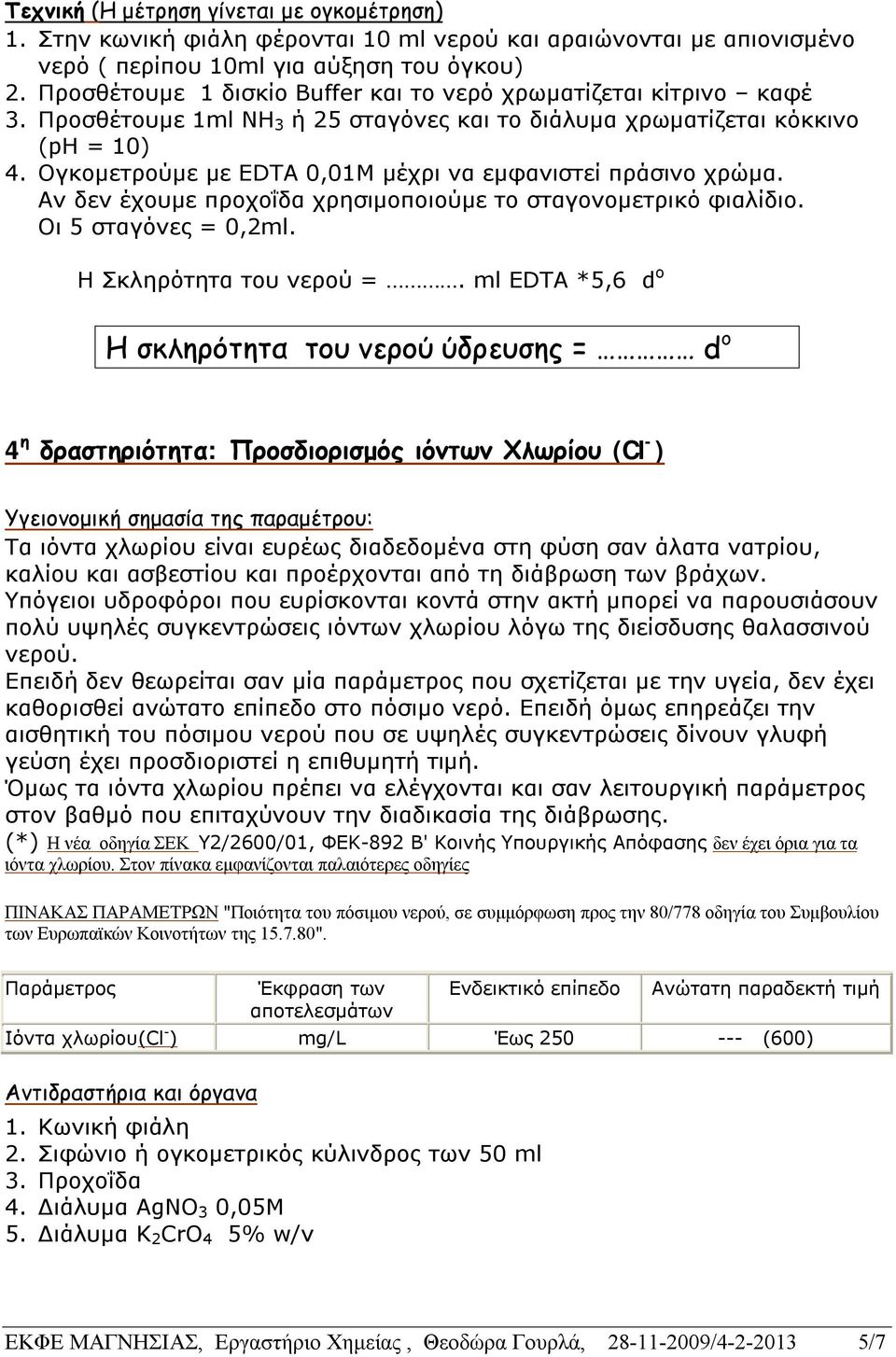 Ογκομετρούμε με EDTA 0,01Μ μέχρι να εμφανιστεί πράσινο χρώμα. Αν δεν έχουμε προχοΐδα χρησιμοποιούμε το σταγονομετρικό φιαλίδιο. Οι 5 σταγόνες = 0,2ml. Η Σκληρότητα του νερού =.