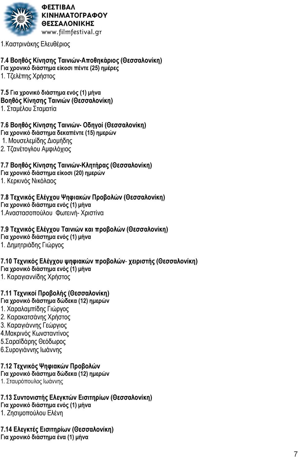 7 Βοηθός Κίνησης Ταινιών-Κλητήρας (Θεσσαλονίκη) Για χρονικό διάστημα είκοσι (20) ημερών 1. Κερκινός Νικόλαος 7.8 Τεχνικός Ελέγχου Ψηφιακών Προβολών (Θεσσαλονίκη) 1.Αναστασοπούλου Φωτεινή- Χριστίνα 7.