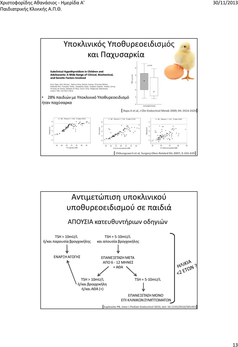 οδηγιών TSH > 10mU/L ή/και παρουσία βρογχοκήλης TSH = 5-10mU/L και απουσία βρογχοκήλης ΕΝΑΡΞΗ ΑΓΩΓΗΣ ΕΠΑΝΕΞΕΤΑΣΗ ΜΕΤΑ ΑΠΟ 6-12 ΜΗΝΕΣ + ΑΘΑ TSH > 10mU/L