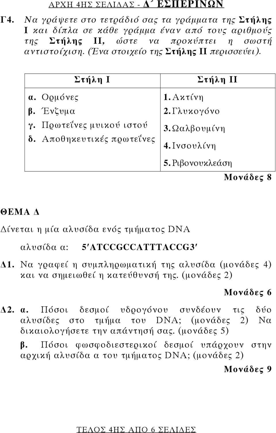 Ριβονουκλεάση ΘΕΜΑ ίνεται η μία αλυσίδα ενός τμήματος DNA αλυσίδα α: 5 ATCCGCCATTTACCG3 1. Να γραφεί η συμπληρωματική της αλυσίδα (μονάδες 4) και να σημειωθεί η κατεύθυνσή της. (μονάδες 2) 2. α. Πόσοι δεσμοί υδρογόνου συνδέουν τις δύο αλυσίδες στο τμήμα του DNA; (μονάδες 2) Να δικαιολογήσετε την απάντησή σας.