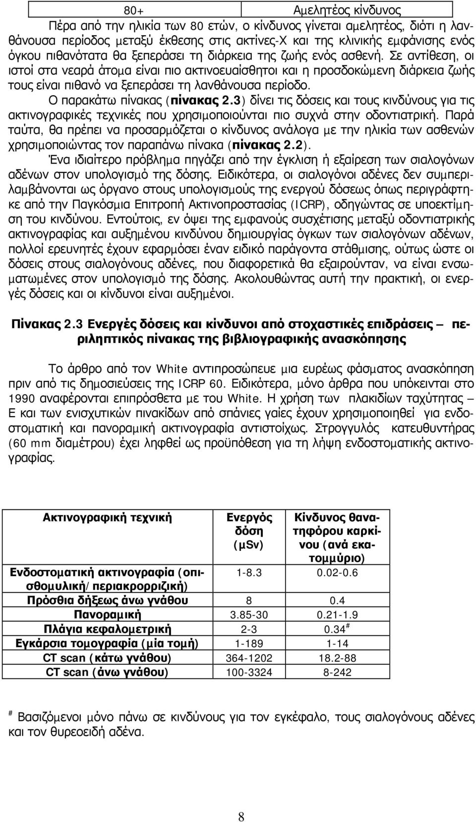 Ο παρακάτω πίνακας (πίνακας 2.3) δίνει τις δόσεις και τους κινδύνους για τις ακτινογραφικές τεχνικές που χρησιµοποιούνται πιο συχνά στην οδοντιατρική.