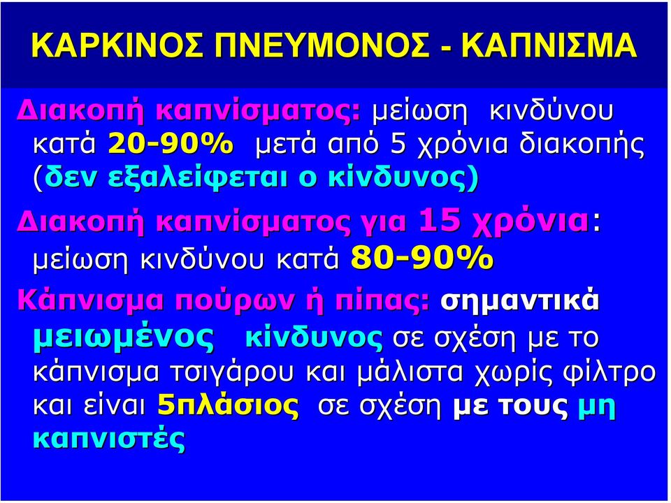 κινδύνου κατά 80-90% Κάπνισµα πούρων ή πίπας: σηµαντικά µειωµένος κίνδυνος σε σχέση µε το