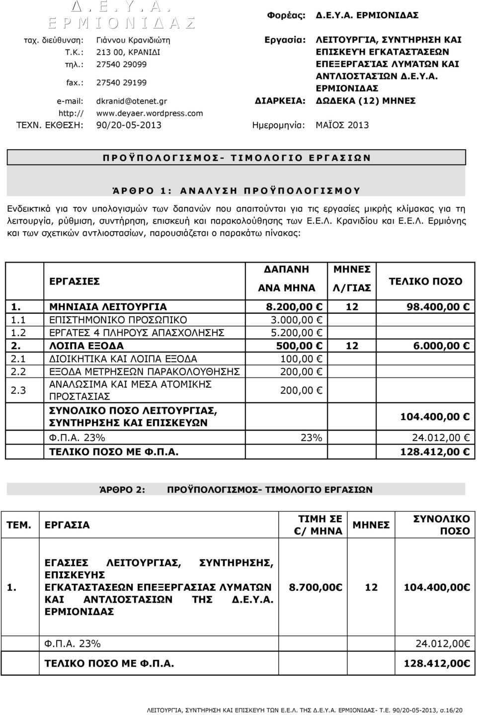 ΕΚΘΕΣΗ: 90/20-05-2013 Ημερομηνία: ΜΑΪΟΣ 2013 Π Ρ Ο Ϋ Π Ο Λ Ο Γ Ι Σ Μ Ο Σ - Τ Ι Μ Ο Λ Ο Γ Ι Ο Ε Ρ Γ Α Σ Ι Ω Ν Ά Ρ Θ Ρ Ο 1 : Α Ν Α Λ Υ Σ Η Π Ρ Ο Ϋ Π Ο Λ Ο Γ Ι Σ Μ Ο Υ Ενδεικτικά για τον υπολογισμών των