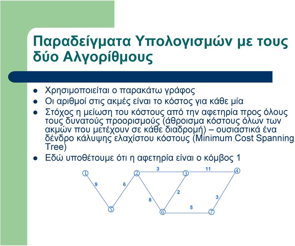 προορισμούς (άθροισμα κόστους όλων των ακμών που μετέχουν σε κάθε διαδρομή) ουσιαστικά ένα δένδρο κάλυψης