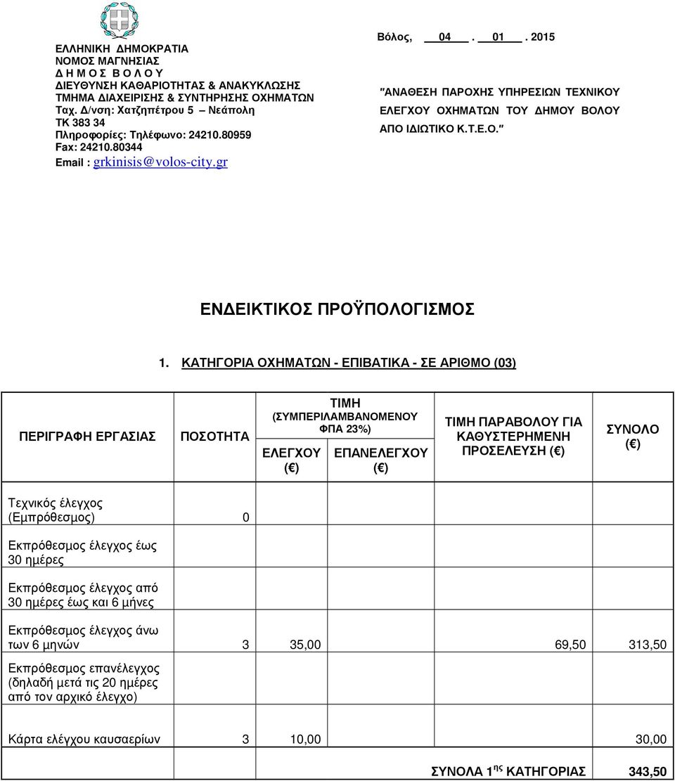 2015 ΑΝΑΘΕΣΗ ΠΑΡΟΧΗΣ ΥΠΗΡΕΣΙΩΝ ΤΕΧΝΙΚΟΥ ΟΧΗΜΑΤΩΝ ΤΟΥ ΗΜΟΥ ΒΟΛΟΥ ΑΠΟ Ι ΙΩΤΙΚΟ Κ.Τ.Ε.Ο. ΕΝ ΕΙΚΤΙΚΟΣ ΠΡΟΫΠΟΛΟΓΙΣΜΟΣ 1.