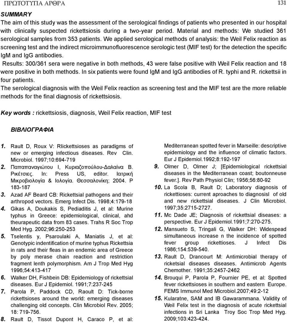 We applied serological methods of analysis: the Weil Felix reaction as screening test and the indirect microimmunofluorescence serologic test (MIF test) for the detection the specific IgM and IgG