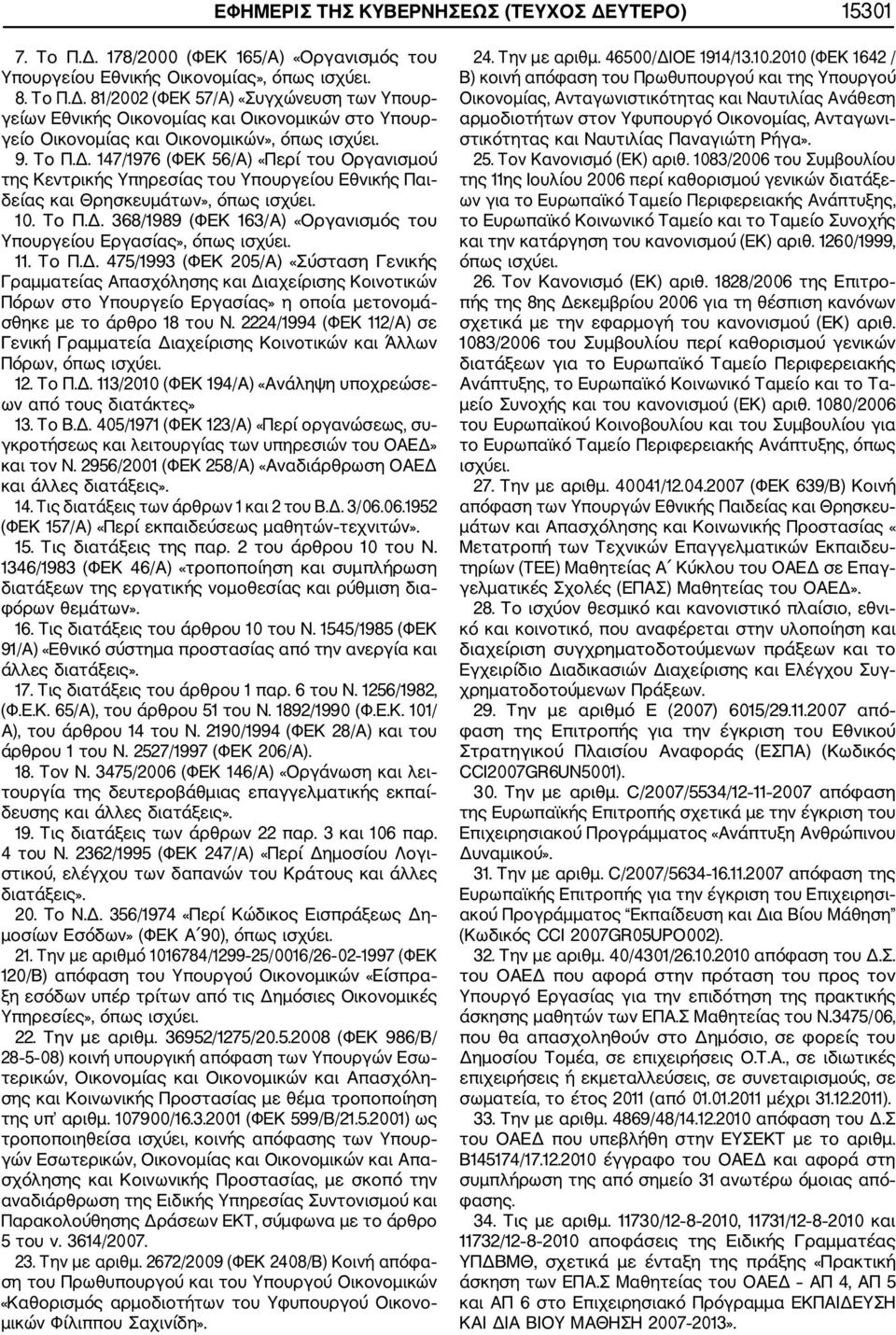 11. Το Π.Δ. 475/1993 (ΦΕΚ 205/Α) «Σύσταση Γενικής Γραμματείας Απασχόλησης και Διαχείρισης Κοινοτικών Πόρων στο Υπουργείο Εργασίας» η οποία μετονομά σθηκε με το άρθρο 18 του Ν.