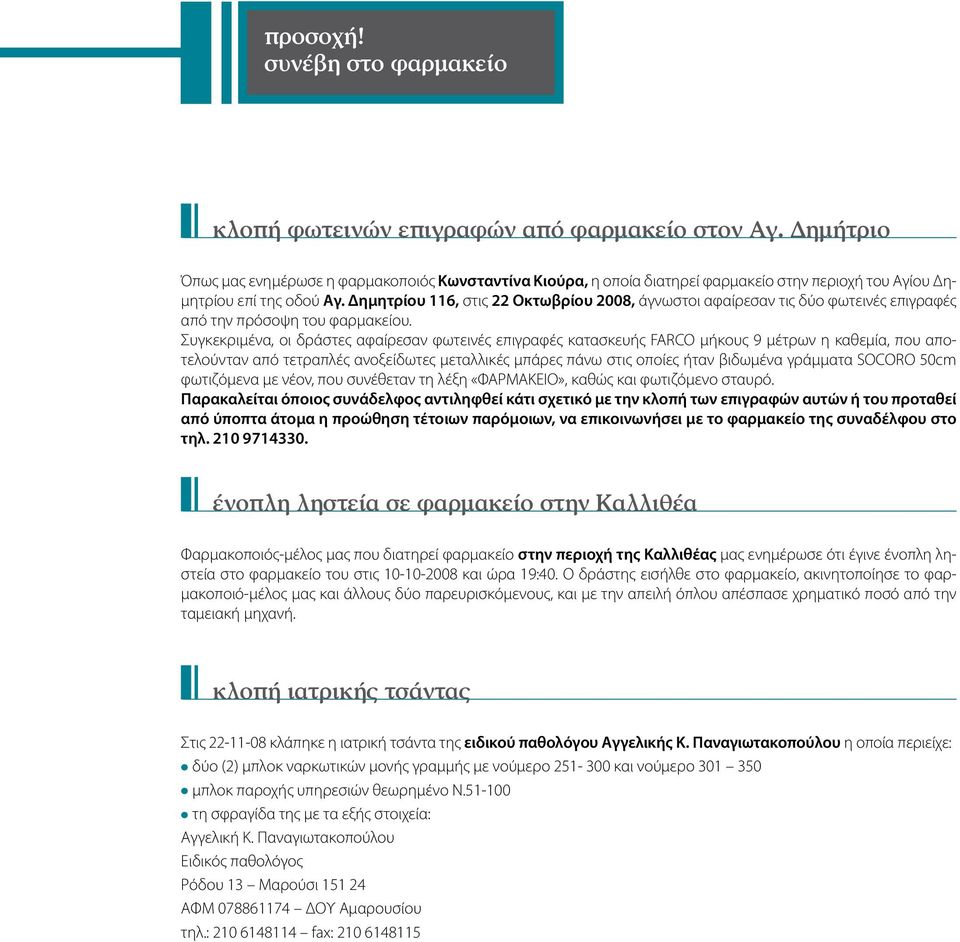 Δημητρίου 116, στις 22 Οκτωβρίου 2008, άγνωστοι αφαίρεσαν τις δύο φωτεινές επιγραφές από την πρόσοψη του φαρμακείου.