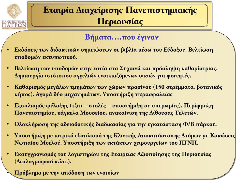 Καθαρισμός μεγάλων τμημάτων των χώρων πρασίνου (150 στρέμματα, βοτανικός κήπος). Αγορά δύο μηχανημάτων. Υποστήριξη πυρασφαλείας Εξοπλισμός φύλαξης (τζιπ στολές υποστήριξη σε υπερωρίες).