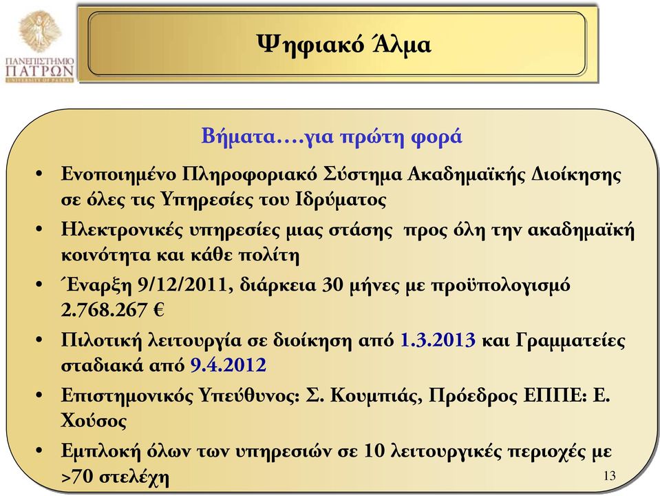 υπηρεσίες μιας στάσης προς όλη την ακαδημαϊκή κοινότητα και κάθε πολίτη Έναρξη 9/12/2011, διάρκεια 30 μήνες με