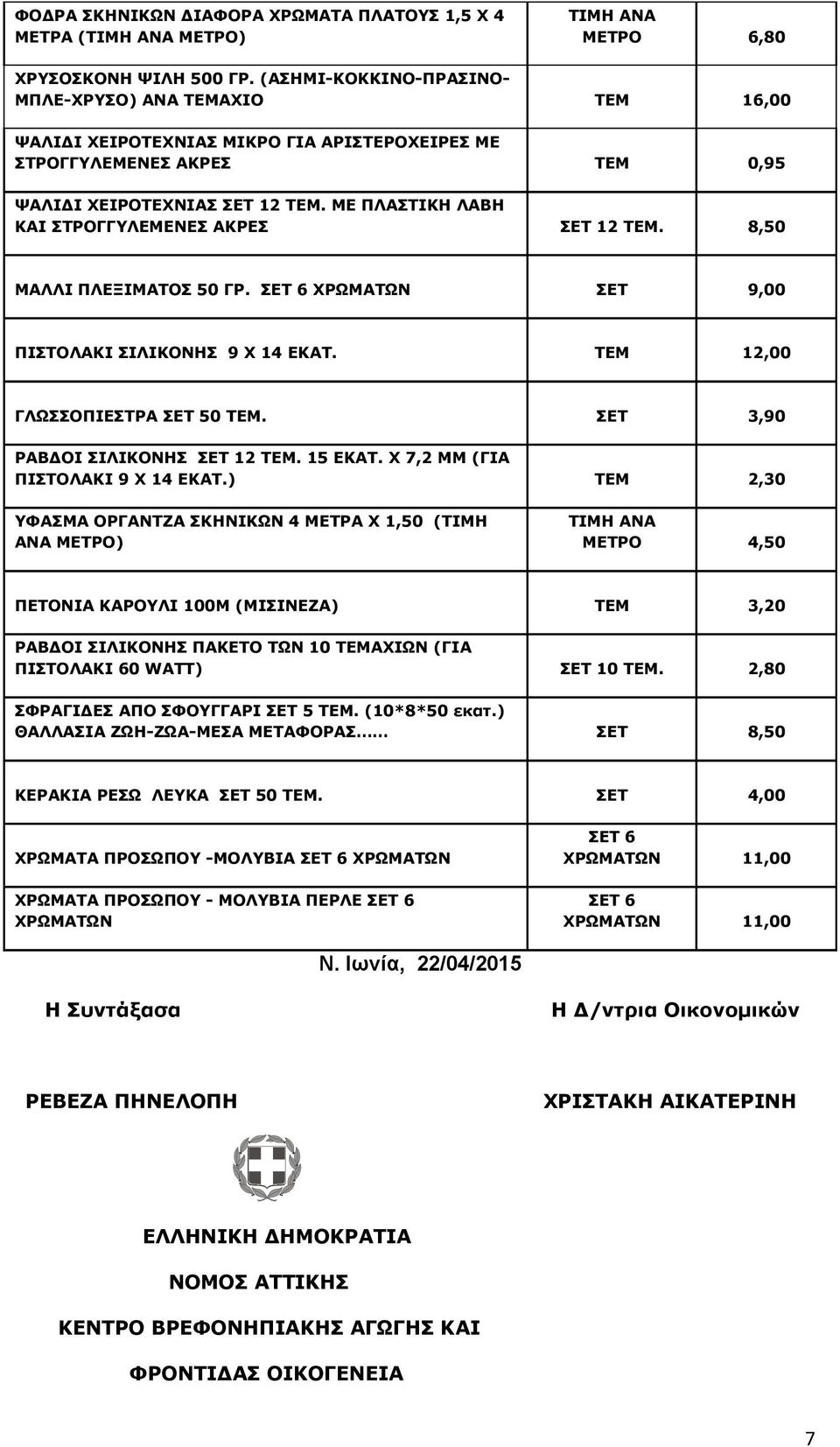 ΜΕ ΠΛΑΣΤΙΚΗ ΛΑΒΗ ΚΑΙ ΣΤΡΟΓΓΥΛΕΜΕΝΕΣ ΑΚΡΕΣ ΣΕΤ 12 ΤΕΜ. 8,50 ΜΑΛΛΙ ΠΛΕΞΙΜΑΤΟΣ 50 ΓΡ. ΣΕΤ 6 ΧΡΩΜΑΤΩΝ ΣΕΤ 9,00 ΠΙΣΤΟΛΑΚΙ ΣΙΛΙΚΟΝΗΣ 9 Χ 14 ΕΚΑΤ. ΤΕΜ 12,00 ΓΛΩΣΣΟΠΙΕΣΤΡΑ ΣΕΤ 50 ΤΕΜ.