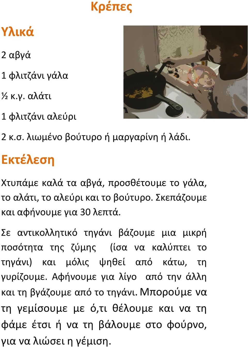 Σε αντικολλητικό τηγάνι βάζουμε μια μικρή ποσότητα της ζύμης (ίσα να καλύπτει το τηγάνι) και μόλις ψηθεί από κάτω, τη γυρίζουμε.