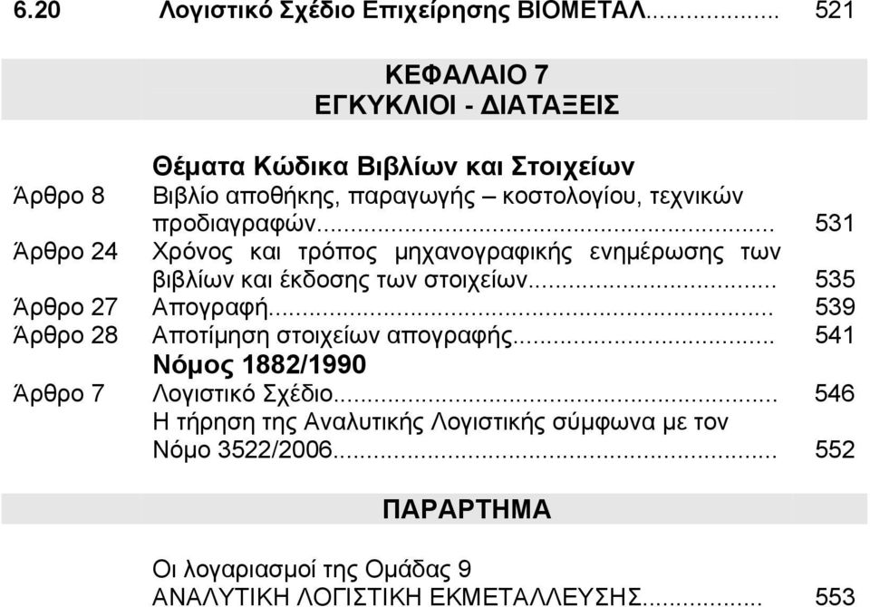 προδιαγραφών... 531 Άρθρο 24 Χρόνος και τρόπος µηχανογραφικής ενηµέρωσης των βιβλίων και έκδοσης των στοιχείων... 535 Άρθρο 27 Απογραφή.