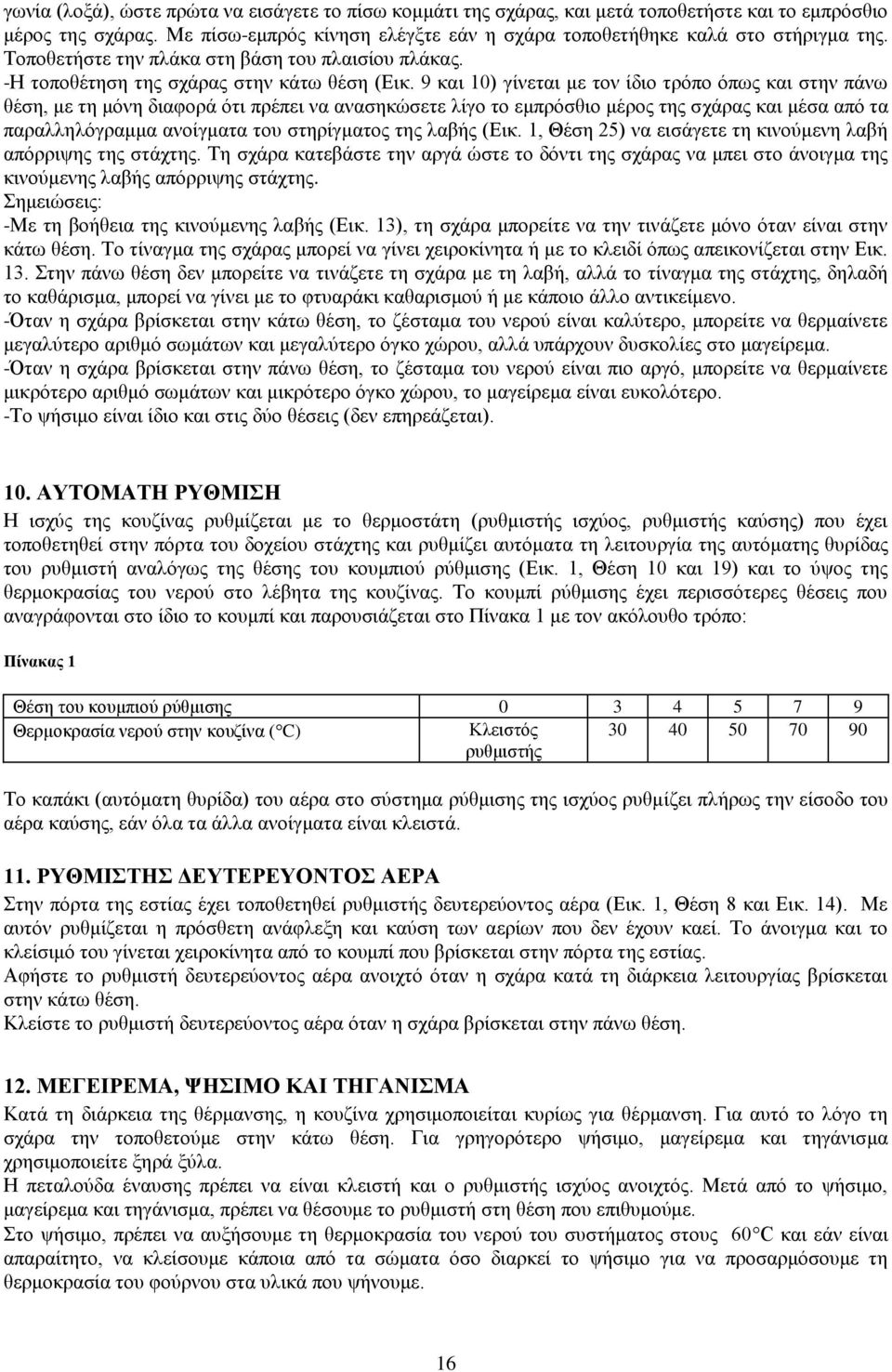 9 και 10) γίνεται με τον ίδιο τρόπο όπως και στην πάνω θέση, με τη μόνη διαφορά ότι πρέπει να ανασηκώσετε λίγο το εμπρόσθιο μέρος της σχάρας και μέσα από τα παραλληλόγραμμα ανοίγματα του στηρίγματος