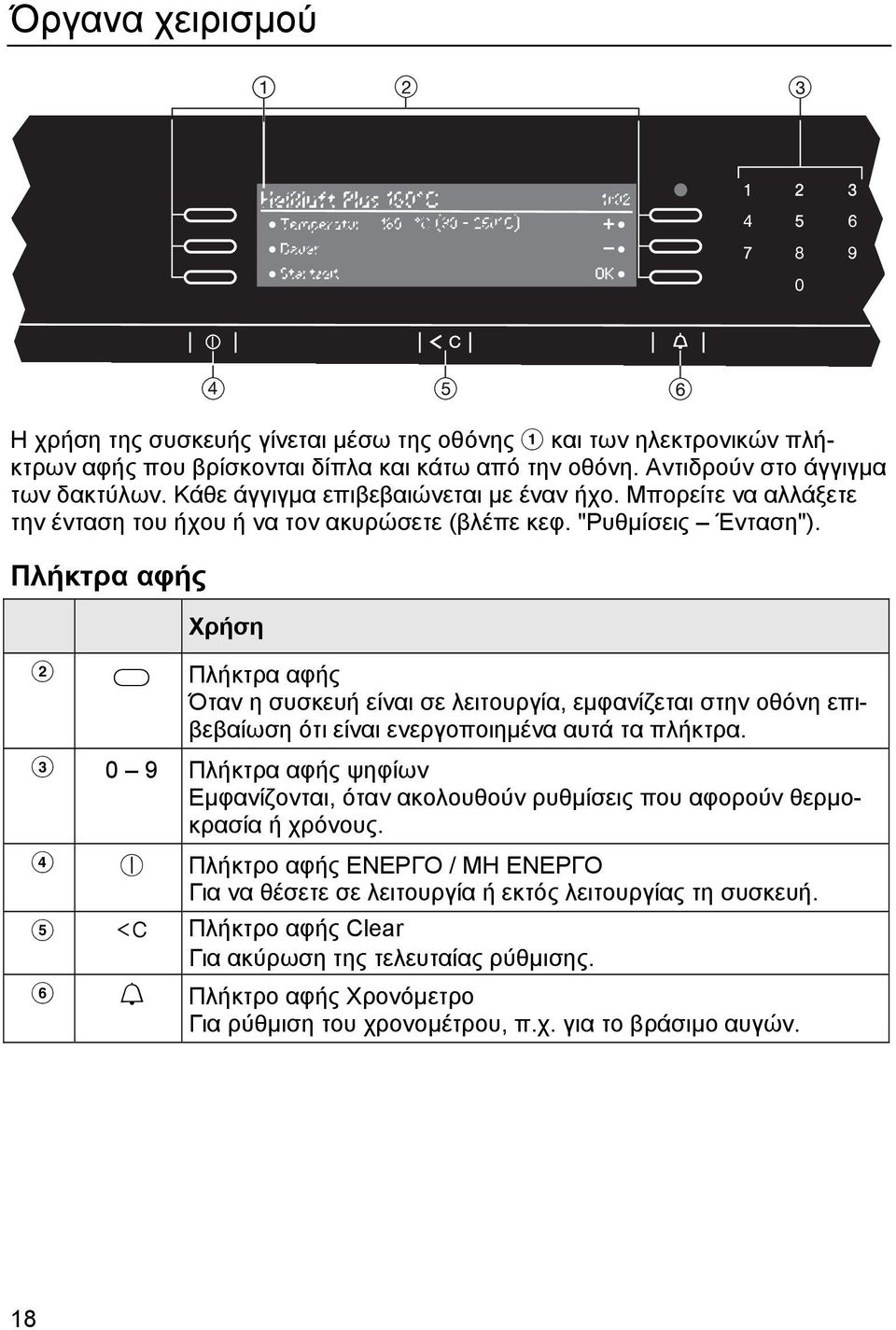 Πλήκτρα αφής Χρήση b C Πλήκτρα αφής Όταν η συσκευή είναι σε λειτουργία, εµφανίζεται στην οθόνη επιβεβαίωση ότι είναι ενεργοποιηµένα αυτά τα πλήκτρα.