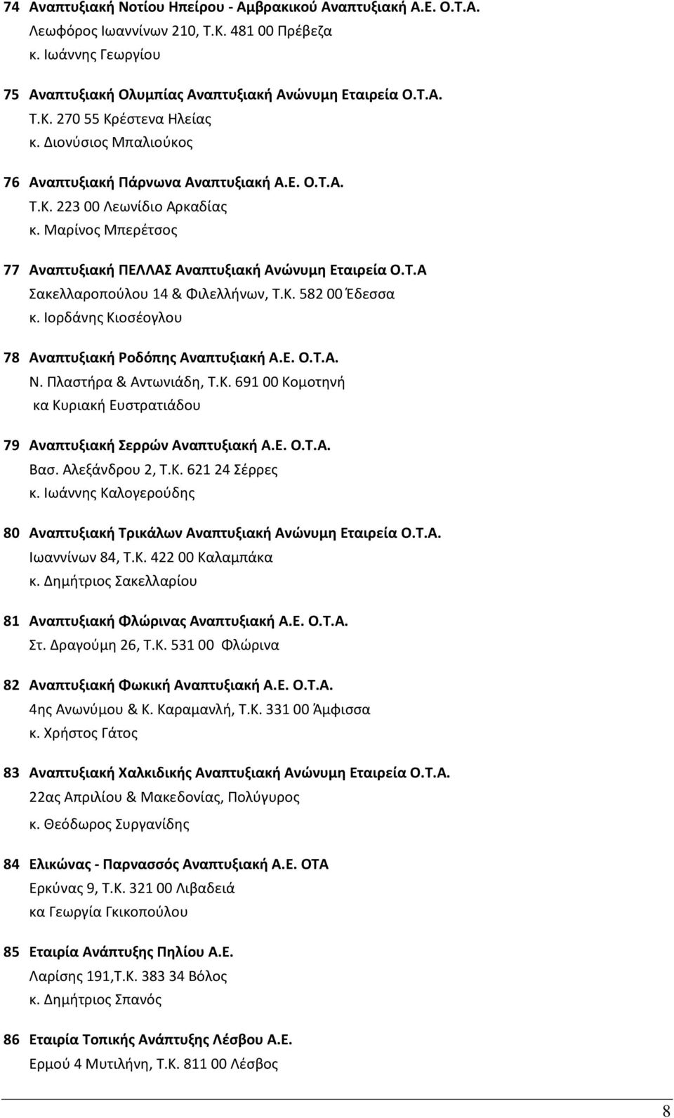 Κ. 582 00 Έδεσσα κ. Ιορδάνης Κιοσέογλου 78 Αναπτυξιακή Ροδόπης Αναπτυξιακή Α.Ε. Ο.Τ.Α. Ν. Πλαστήρα & Αντωνιάδη, Τ.Κ. 691 00 Κομοτηνή κα Κυριακή Ευστρατιάδου 79 Αναπτυξιακή Σερρών Αναπτυξιακή Α.Ε. Ο.Τ.Α. Βασ.